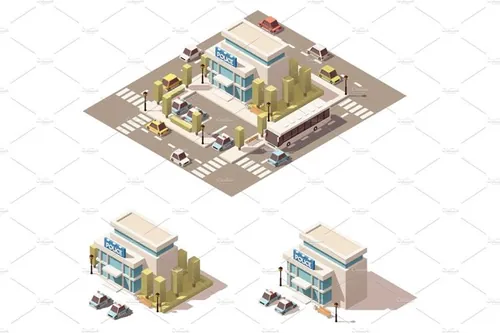 等距派出所警察办公建筑大楼插图设计Vector isometric low poly police building ...