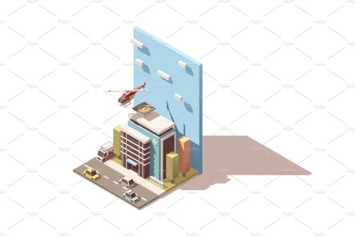 等距医院大楼诊所大楼插图设计Vector isometric hospital with ambulance van and ...