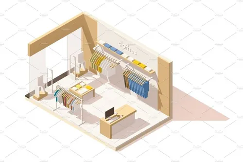 等距服装店室内展示插图设计Vector isometric low poly clothing store icon