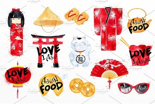 手绘水彩日式经典元素设计素材 Asia-Set