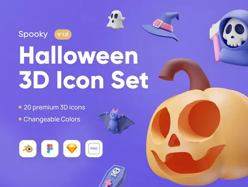 三维渲染卡通万圣节恐怖主题3D插画图标集 Spooky -