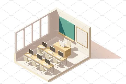 等距计算机教室剖面插图素材Vector isometric low poly computer classroom