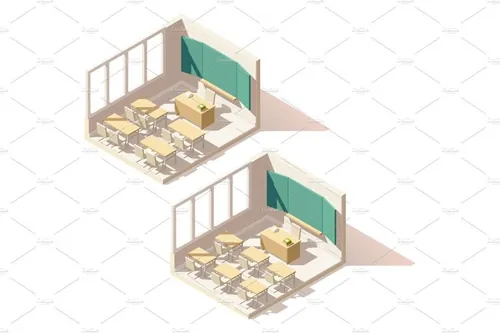 等距学校教室建筑设计插图素材Vector isometric low poly school classroom