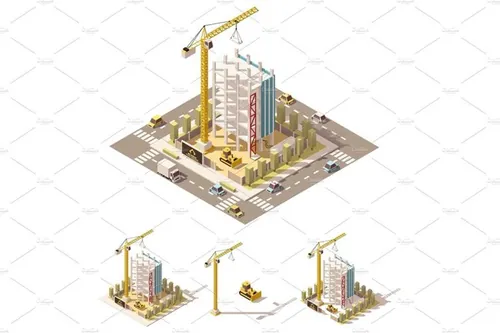等距施工现场插图素材Vector isometric low poly construction site