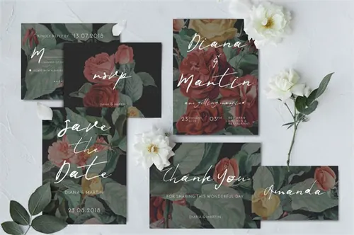 现代英式花园玫瑰婚礼请柬贺卡模板  Modern-English-Garden-Wedding-Suite