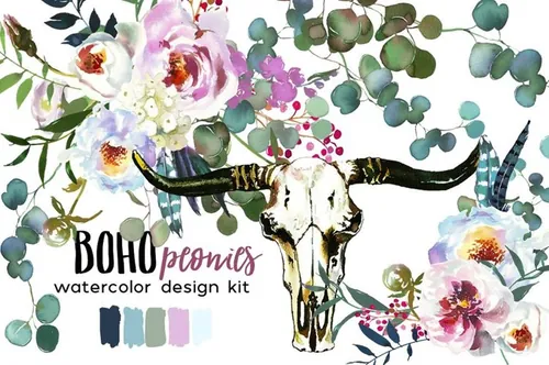 波西米亚风格手绘水彩花卉植物设计素材 Promo-Sale!