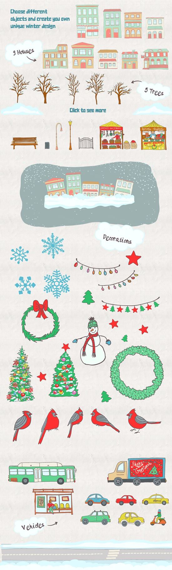 冬季主题冬季场景手绘插画素材 Illustrated-Win