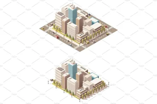 等距城市街道摩天大厦插图素材Vector isometric low poly city downtown