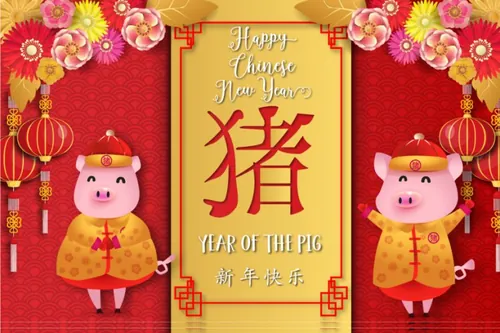 年中国猪年可爱卡通贺卡新年快乐年画海报素材