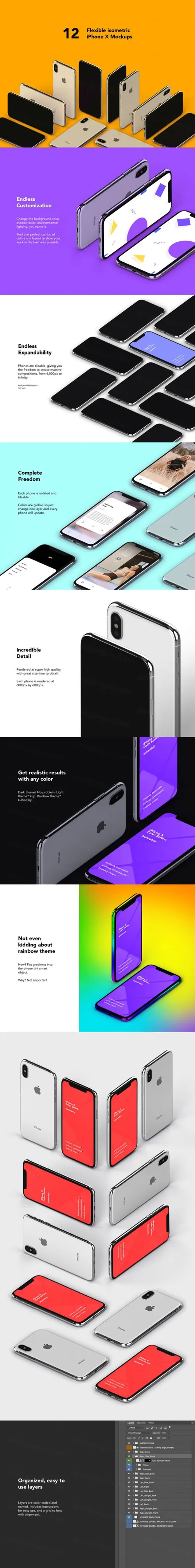 质感超强的多角度iPhone X APP UI设计展示模型iPhone X CS Isometric