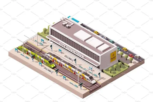 等距火车站建筑大楼矢量插画素材Vector isometric train station