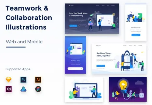 创作工作室团队协作商务合作矢量插画素材 Teamwork and Collabo