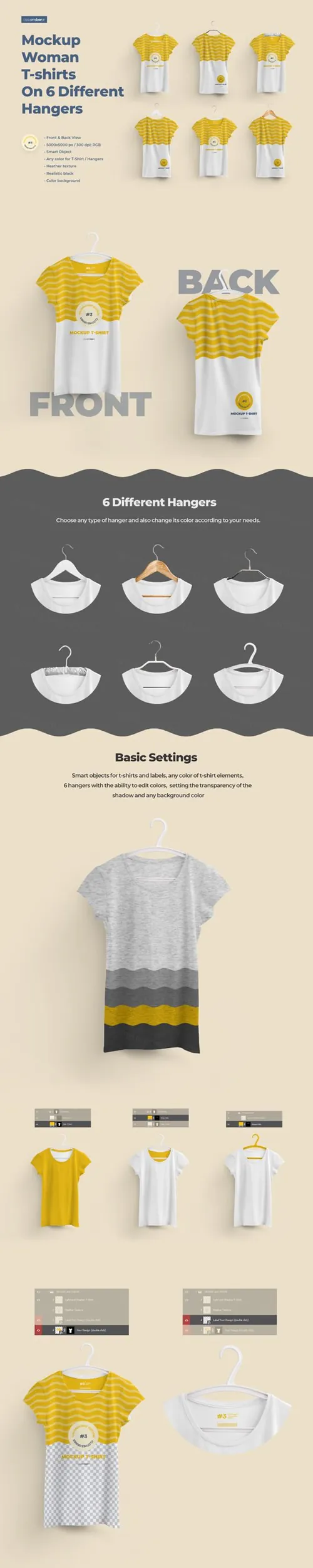 挂在6种不同衣架的女士短袖T恤正方面贴图展示样机 T-shirts Mockup