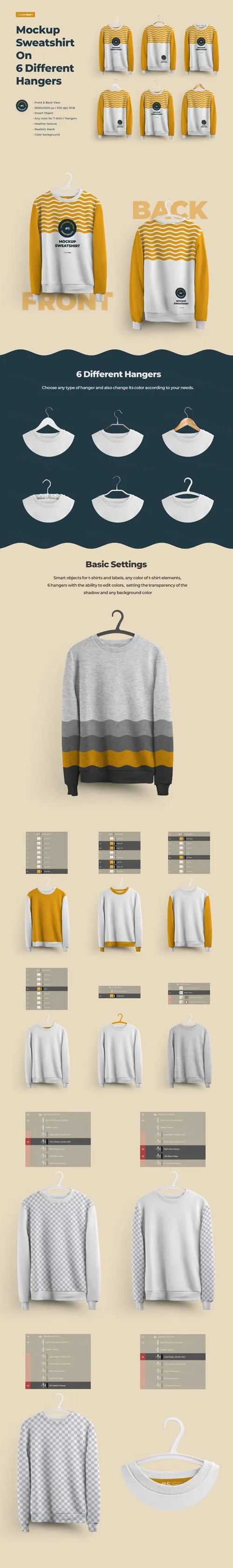 挂在6种不同衣架的长袖卫衣运动衫正方面贴图展示样机 Sweatshirt Mockup