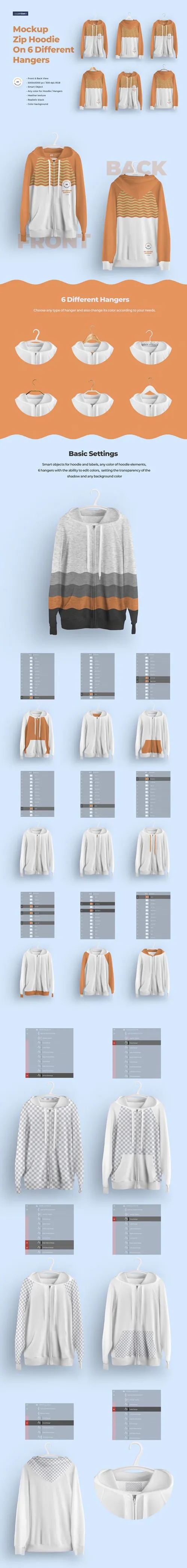 挂在6种不同衣架的拉链卫衣连帽衫运动衫正方面贴图展示样机 Zip Hoodie Mockup
