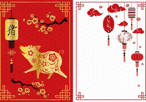 猪年传统灯笼樱花中国新年矢量素材