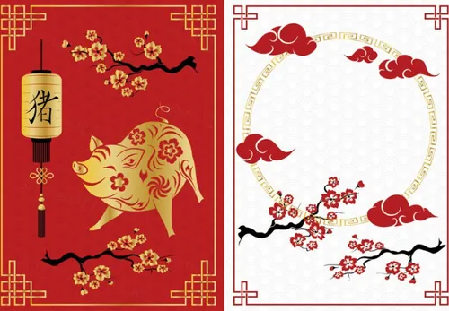 猪年传统灯笼樱花中国新年矢量素材