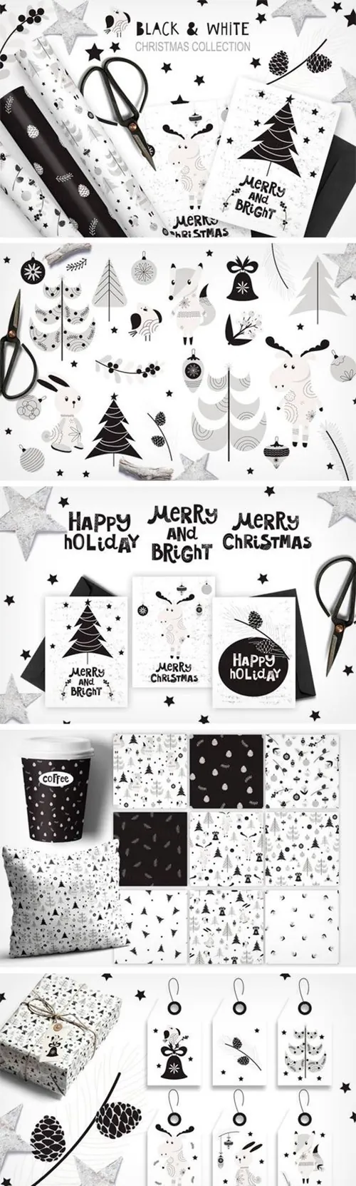 森林动植物手绘圣诞无缝背景元素iamxk.com_White and Black Christmas Collection ...