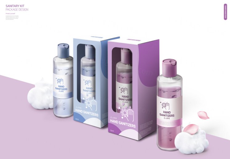 疫情防控卫生安全口罩体温枪体温计产品包装设计PSD模板 Sanitary Kit