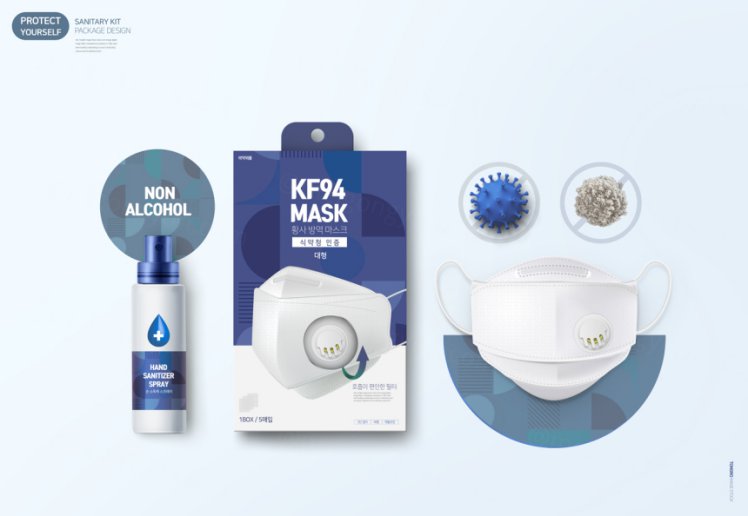 疫情防控卫生安全口罩体温枪体温计产品包装设计PSD模板 Sanitary Kit