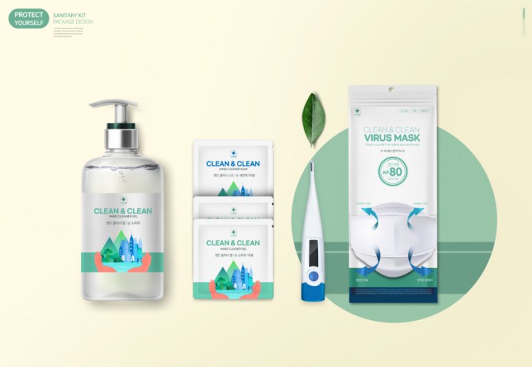 疫情防控卫生安全口罩体温枪体温计产品包装设计PSD模板 Sanitary Kit