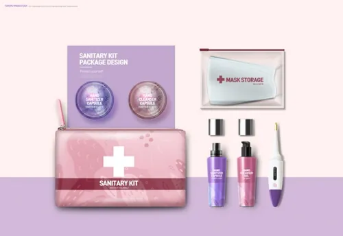 疫情防控卫生安全口罩体温枪体温计产品包装设计PSD模板 Sanitary Kit
