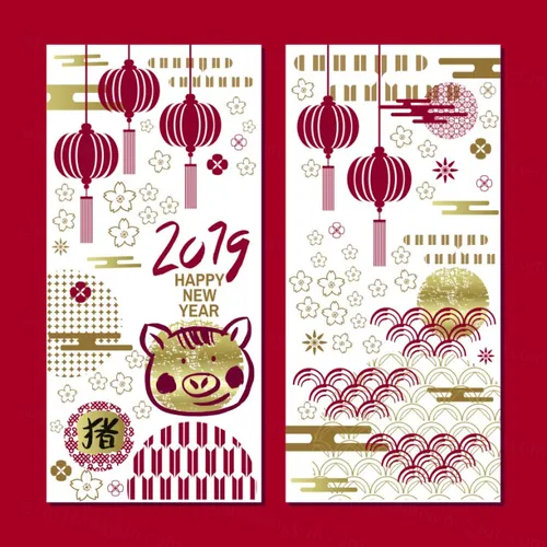 猪年东方日式中式复古传统新年矢量素材