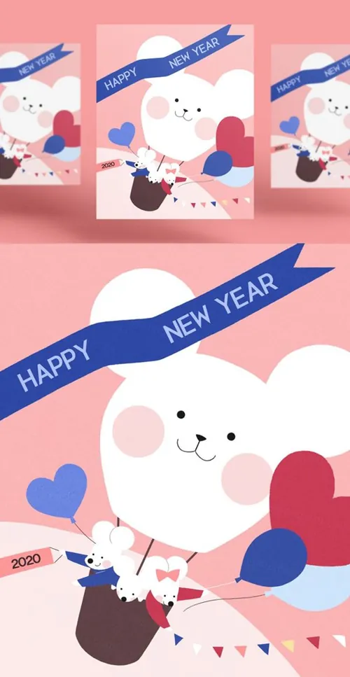 粉色热气球卡通可爱风格鼠年海报模板