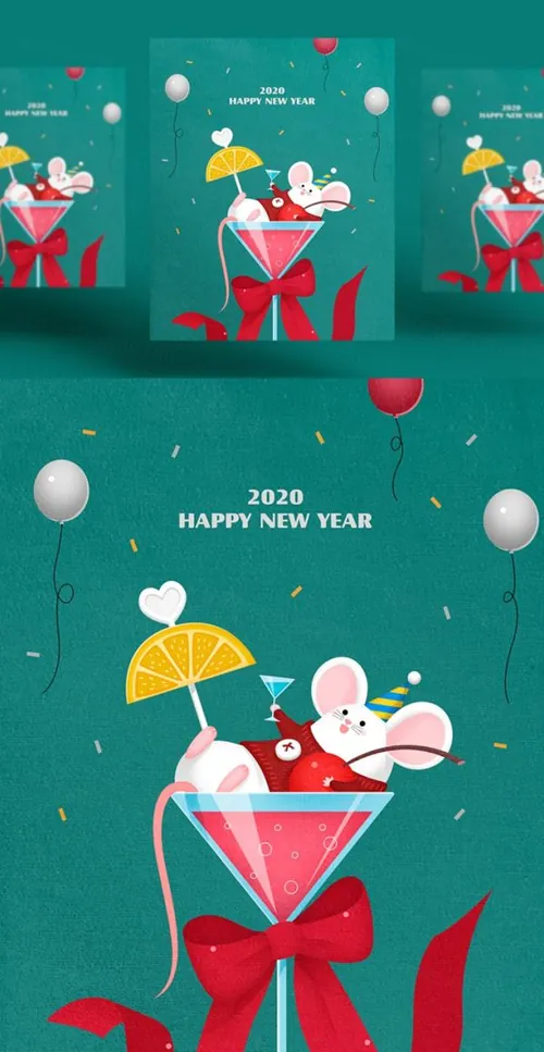 鸡尾酒式浪漫的年卡通可爱风格鼠年海报模板