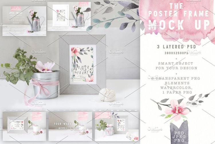 海报画报框样机 Minimal-wooden-pink-frame-mock-up