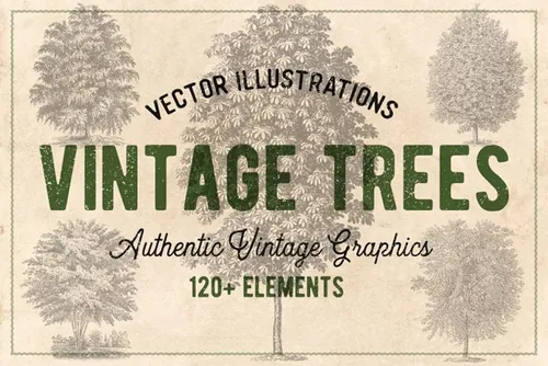 122幅复古多品种树木灌木手绘矢量插画素材 Vintage
