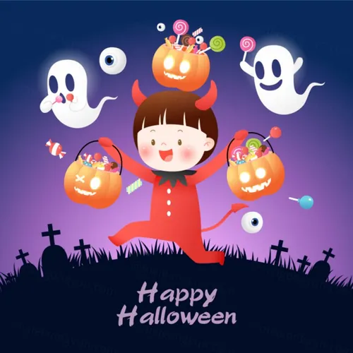 卡哇伊可爱万圣节装饰女巫僵尸男巫南瓜元素矢量素材 Happy Halloween