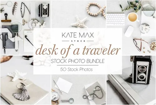 现代/干净和女性化品牌场景样机模板 Desk of a Traveler Stock Photo Bundl