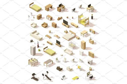 家具和电器Vector isometric low poly domestic furniture set