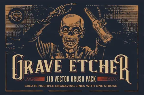 复古插画家老式逼真的雕刻风格墓碑蚀刻效果AI笔刷 Grave Etch