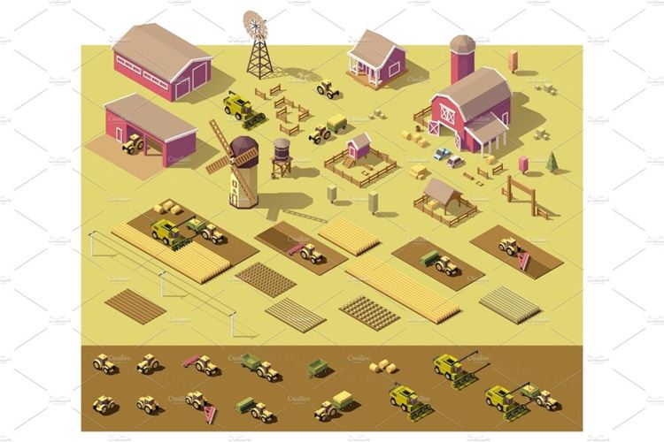 低聚农场元素Vector isometric low poly farm elements
