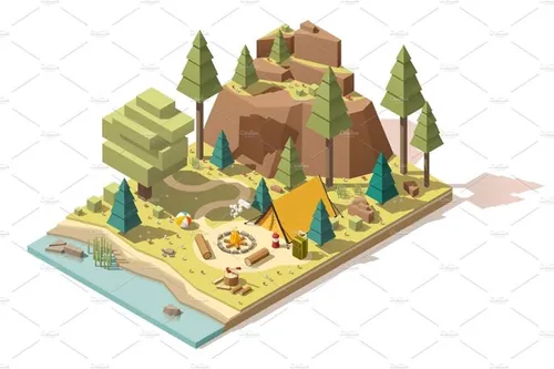 低多露营地Vector isometric low poly campsite