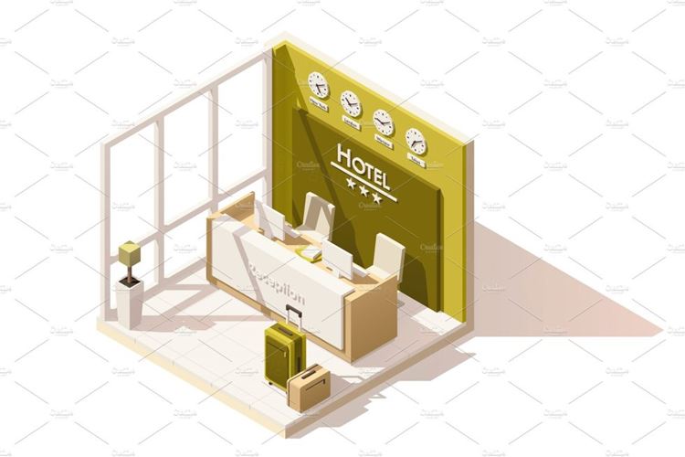 酒店接待剖面Vector isometric low poly hotel reception icon