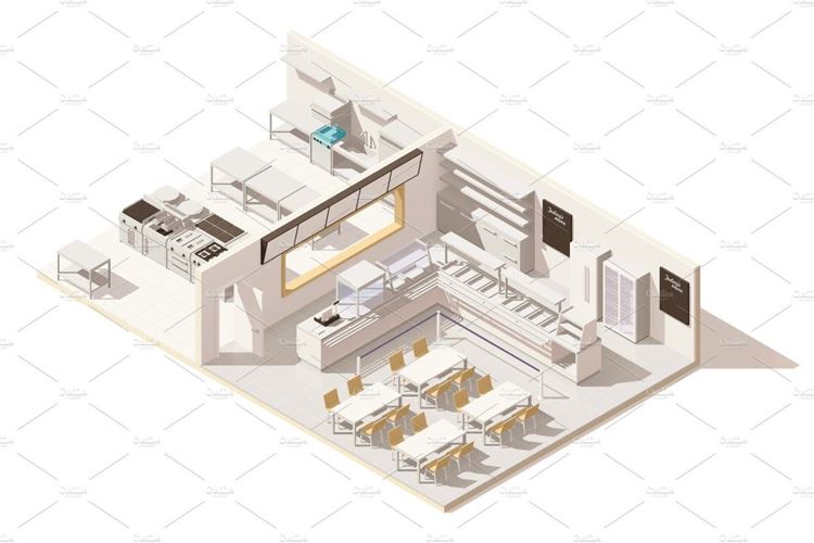 低多自助餐馆Vector isometric low poly restaurant with kitchen