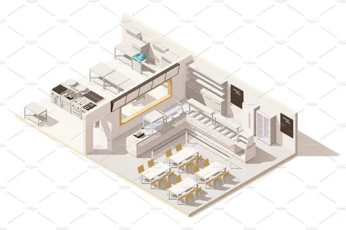 低多自助餐馆Vector isometric low poly restaurant with kitchen