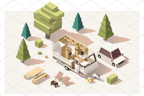 有蓬卡车拖车Vector isometric low poly camping equipment