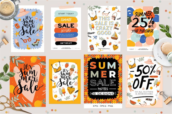 16款夏季时尚可爱的促销海报EPS矢量模板 Summer Sale Posters