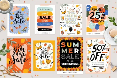 16款夏季时尚可爱的促销海报EPS矢量模板 Summer Sale Posters