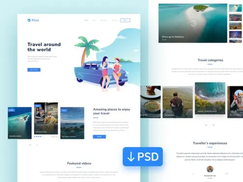 旅游网站插画首页落地页设计PSD模板 Homepage freebie