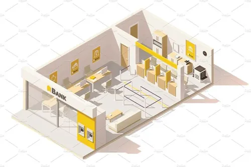 银行内部Vector isometric low poly bank interior