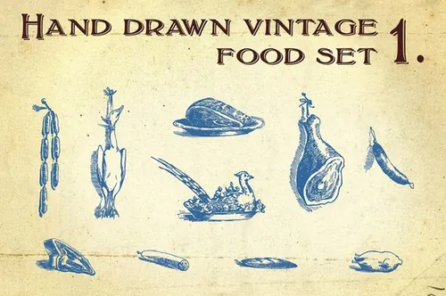 手绘复古食品设计素材Hand drawn vintage food set 1.