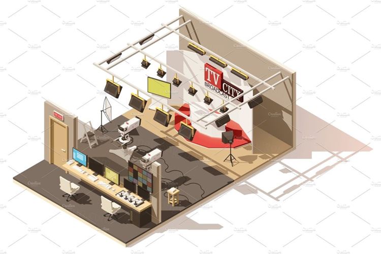 电视演播室Vector isometric low poly television studio