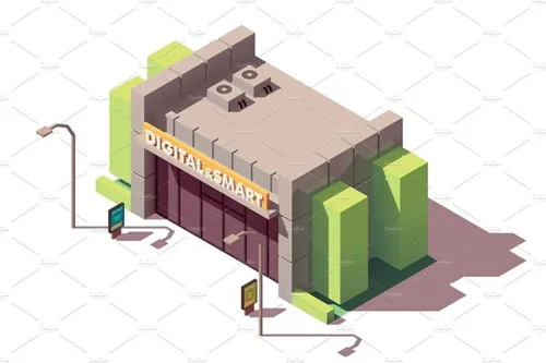 现代办公大楼建筑大厦插画设计素材Vector isometric gadgets and computer store