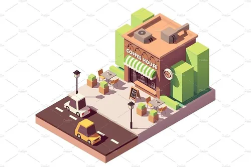 咖啡店建筑大厦插画设计素材Vector isometric coffee shop