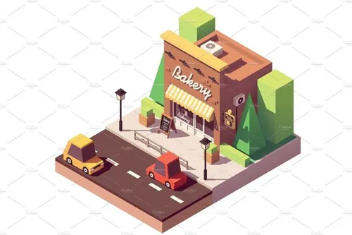 面包商店建筑大厦插画设计素材Vector isometric bakery shop
